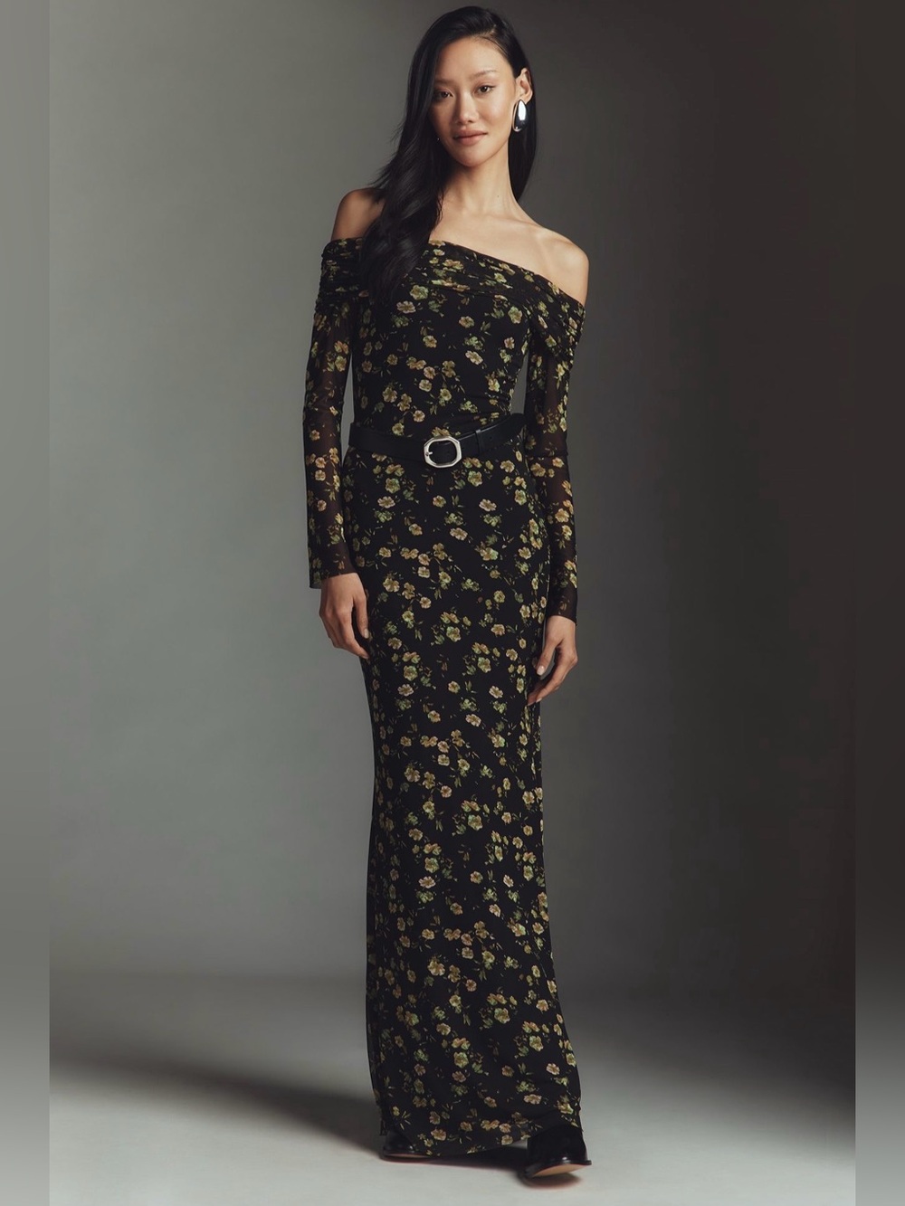 AFRM Thelma Off-The-Shoulder Long-Sleeve Mesh Maxi Dress NWT Medium Green Floral